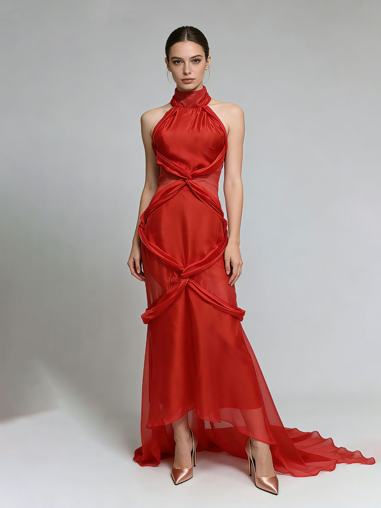 TWOTWINSTYLE Stand Collar Hollow Out Irregular Hem Chic Dress