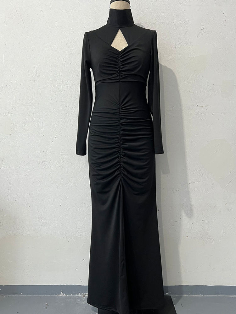 TWOTWINSTYLE Stand Collar Long Sleeve Hollow Out Vintage Dress
