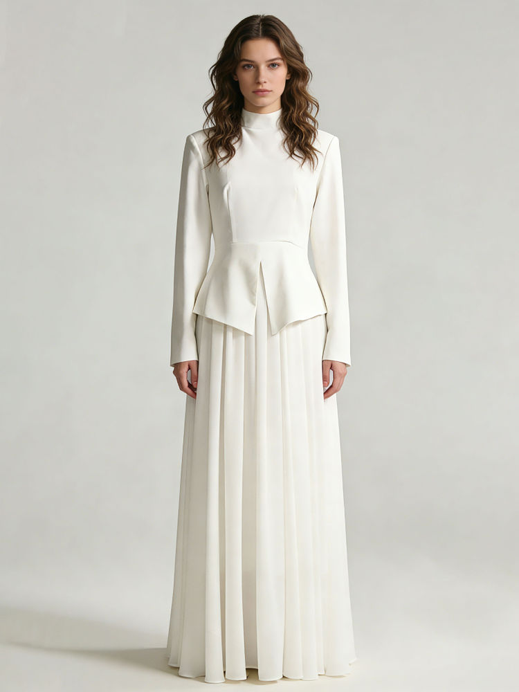 TWOTWINSTYLE Stand Collar Long Sleeve Tunic Pleated Elegant Dress