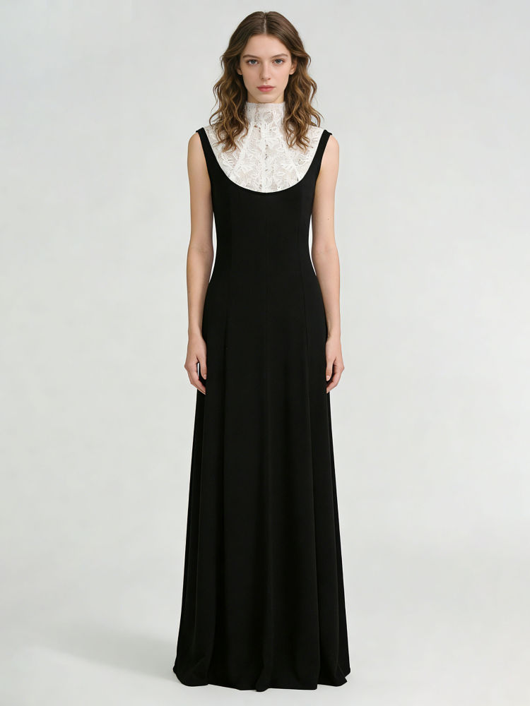 TWOTWINSTYLE Stand Collar Sleeveles Spliced Lace High Waist Elegant Dress