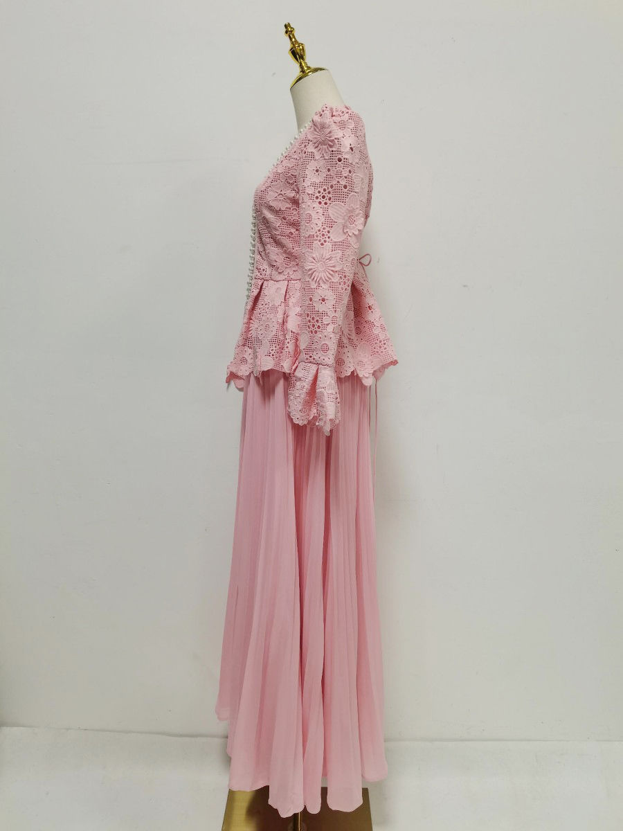 TWOTWINSTYLE V Neck Patchwork Pearl Top Solid Skirt Designer Dress