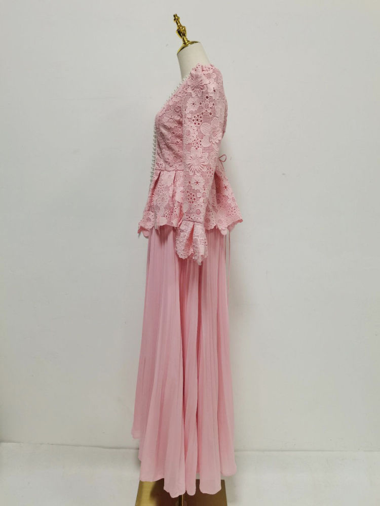 TWOTWINSTYLE V Neck Patchwork Pearl Top Solid Skirt Designer Dress