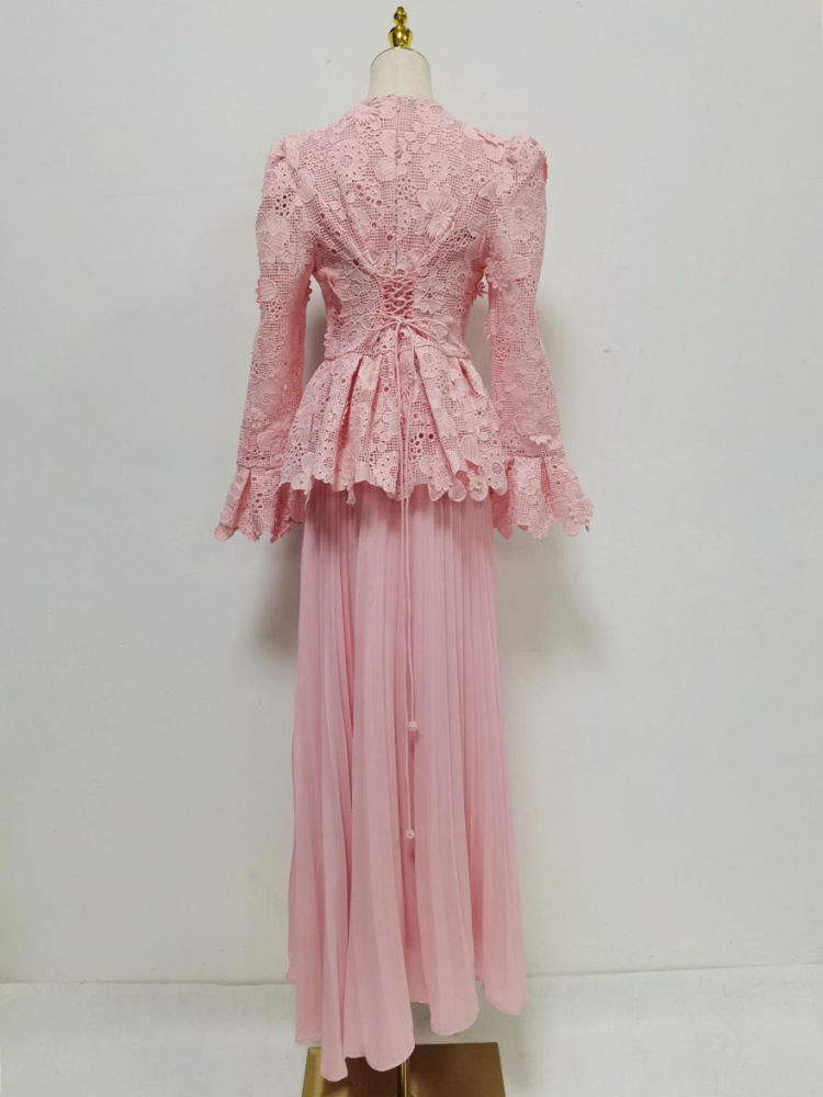 TWOTWINSTYLE V Neck Patchwork Pearl Top Solid Skirt Designer Dress