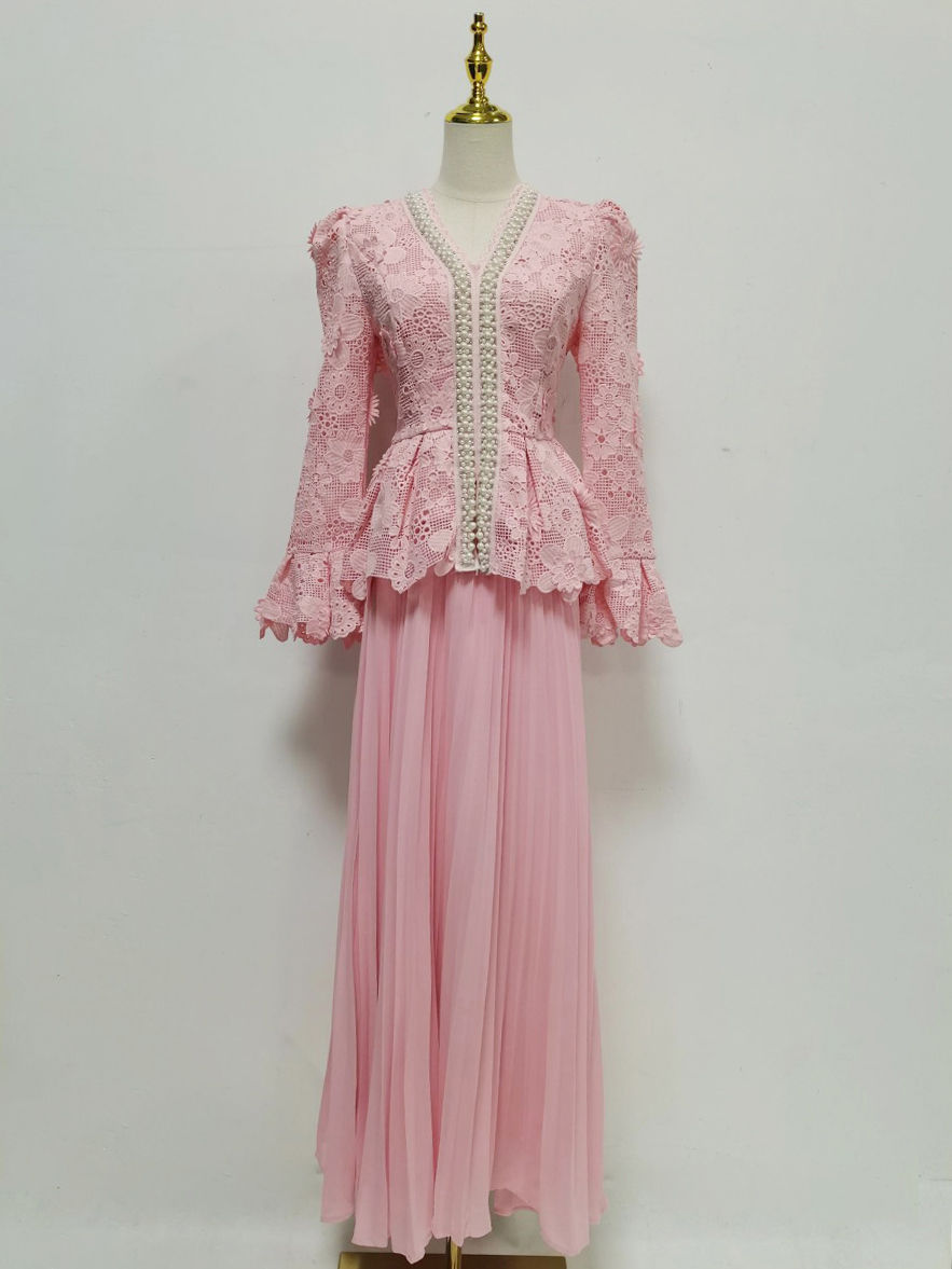 TWOTWINSTYLE V Neck Patchwork Pearl Top Solid Skirt Designer Dress