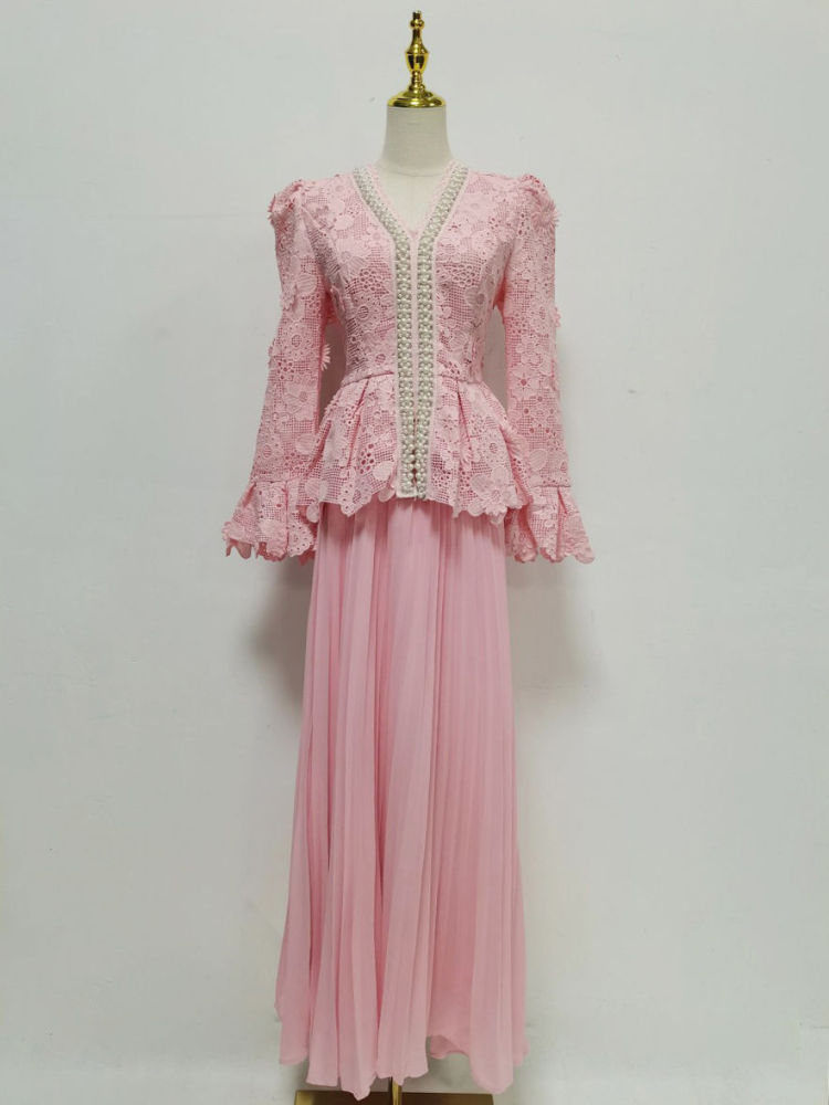 TWOTWINSTYLE V Neck Patchwork Pearl Top Solid Skirt Designer Dress