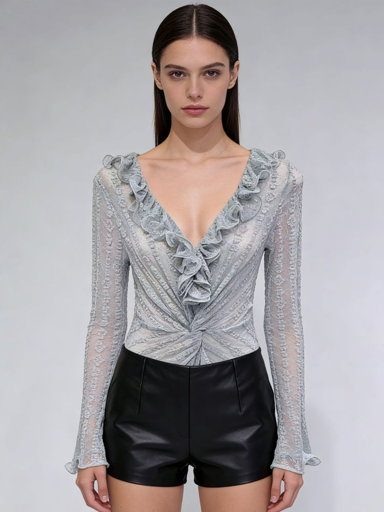 TWOTWINSTYLE DEEP V Neck Spliced Ruffles Long Sleeve Fashion Jumpsuit