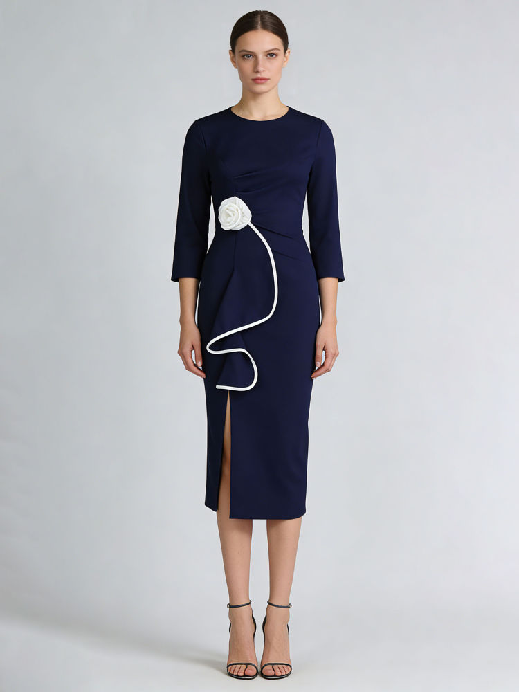 TWOTWINSTYLE Round Neck Spliced 3D Flower Side Split Vintage Dress