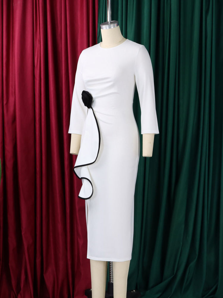 TWOTWINSTYLE Round Neck Spliced 3D Flower Side Split Vintage Dress