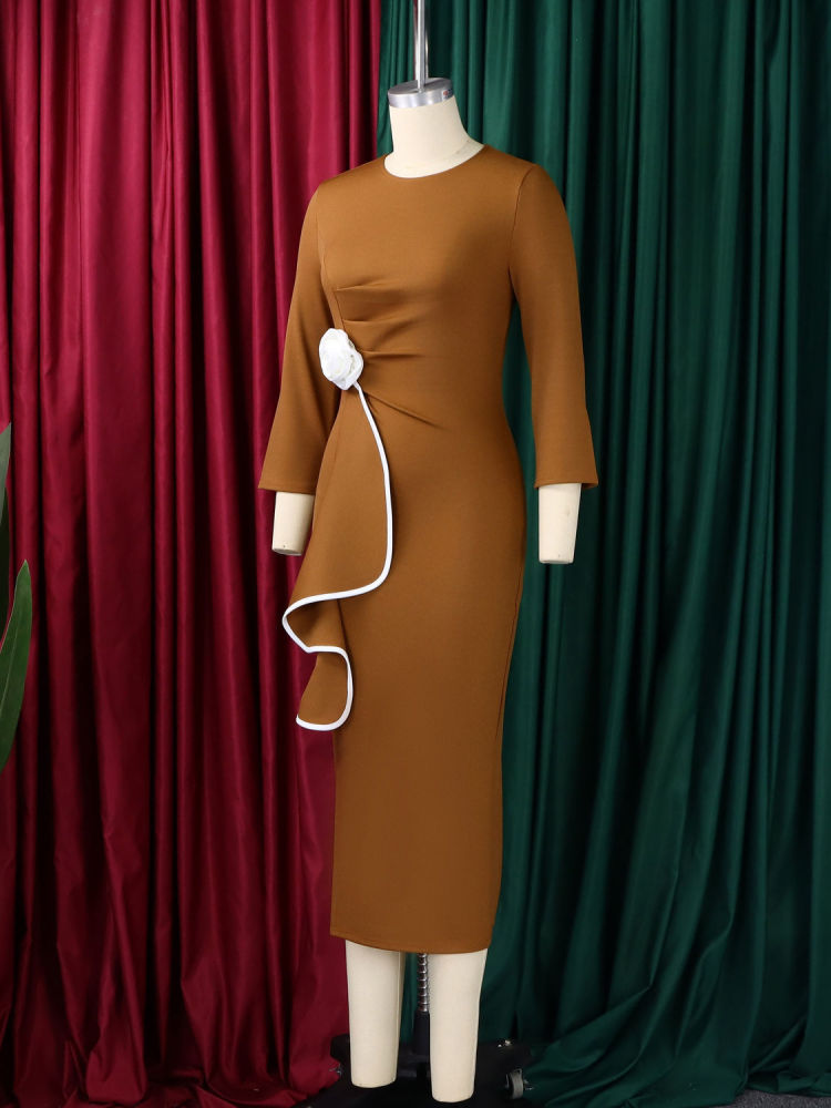 TWOTWINSTYLE Round Neck Spliced 3D Flower Side Split Vintage Dress