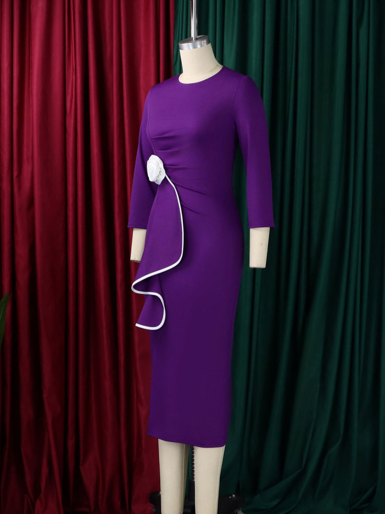 TWOTWINSTYLE Round Neck Spliced 3D Flower Side Split Vintage Dress