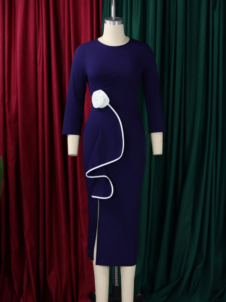 TWOTWINSTYLE Round Neck Spliced 3D Flower Side Split Vintage Dress