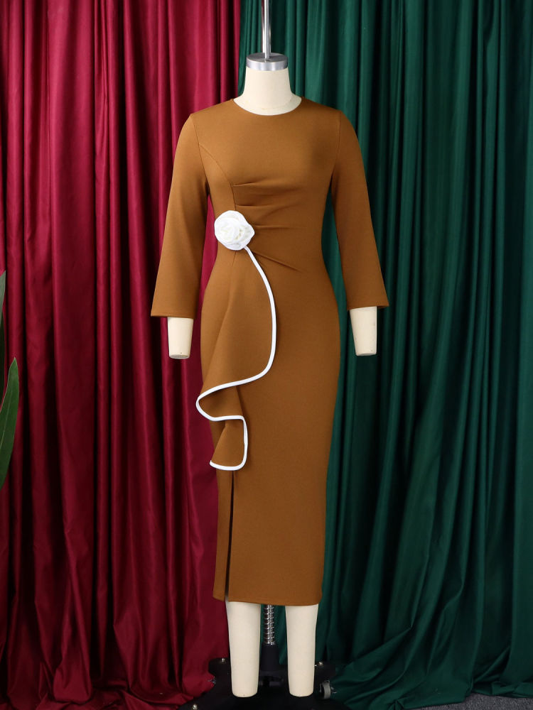 TWOTWINSTYLE Round Neck Spliced 3D Flower Side Split Vintage Dress
