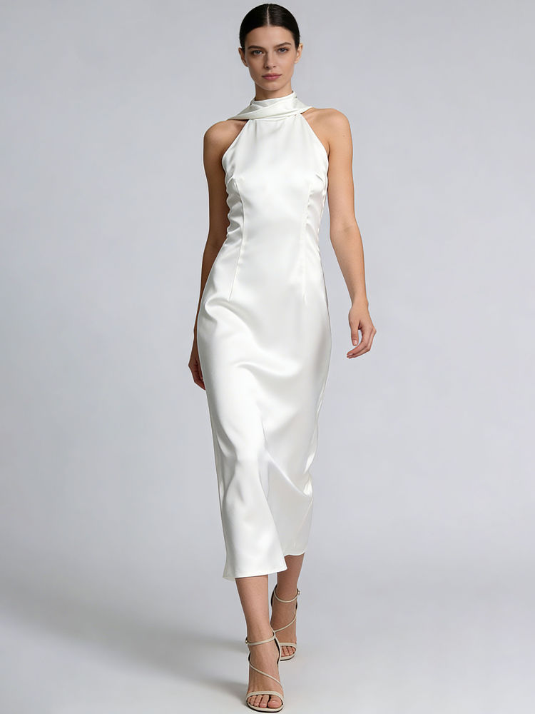 TWOTWINSTYLE Sleeveles High Waist Elegant Halter Neck Dress