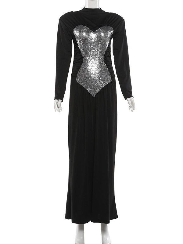 TWOTWINSTYLE Stand Collar Spliced Sequins High Waist Chic Dress