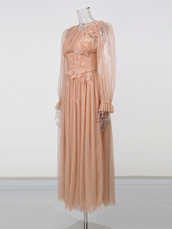 TWOTWINSTYLE Round Neck Long Sleeve Spliced 3D Flower Fashion Dress