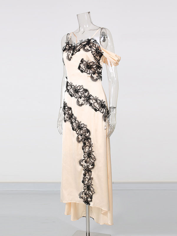TWOTWINSTYLE Hit Color Irregular Hem Spliced Lace Elegant Dress