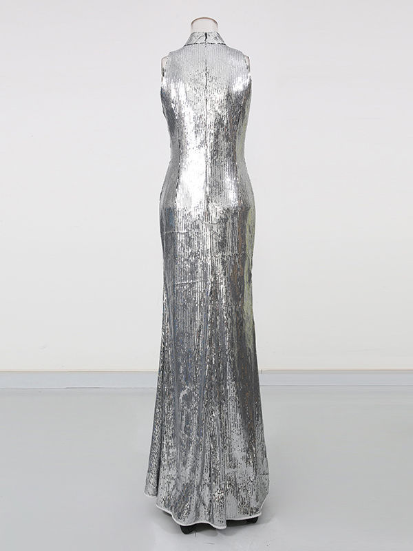 TWOTWINSTYLE Sleeveles Stand Collar Spliced Sequins Designer Dress