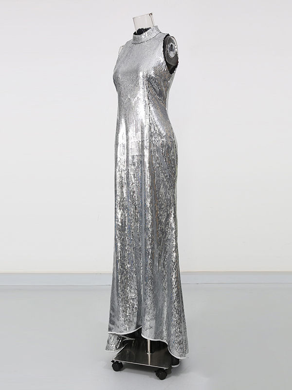 TWOTWINSTYLE Sleeveles Stand Collar Spliced Sequins Designer Dress