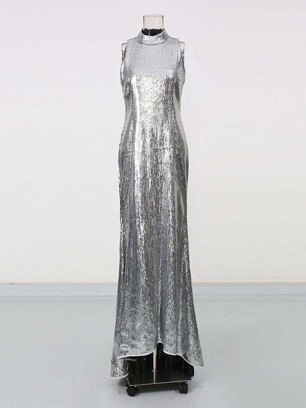 TWOTWINSTYLE Sleeveles Stand Collar Spliced Sequins Designer Dress