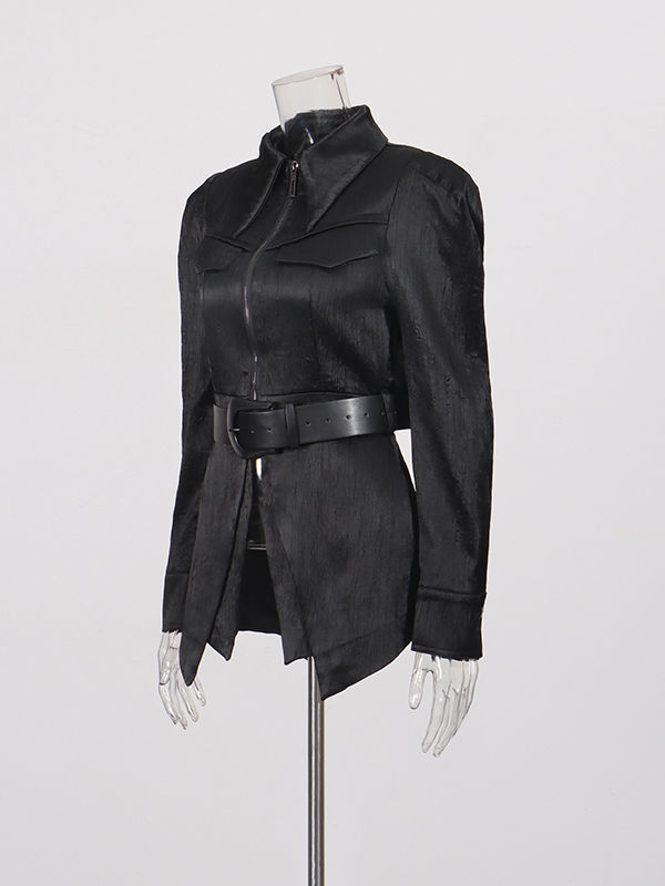 TWOTWINSTYLE Solid Lapel Patchwork Belt Tunic Temperament Coat