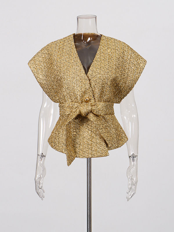 TWOTWINSTYLE V-Neck Tunic Patchwork Sequins Casual Coat