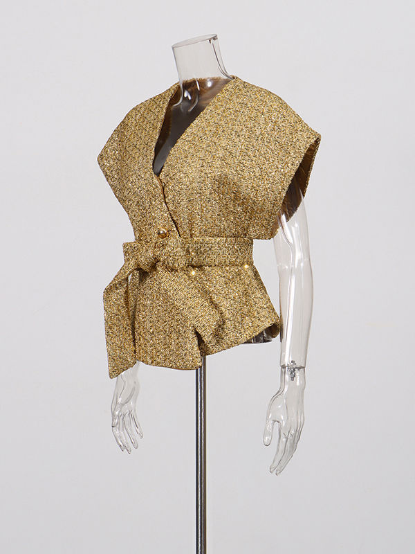 TWOTWINSTYLE V-Neck Tunic Patchwork Sequins Casual Coat