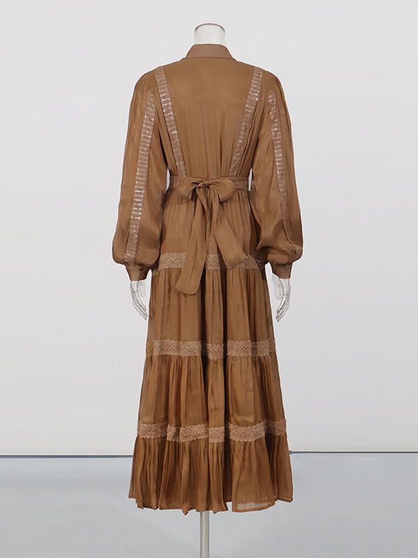 TWOTWINSTYLE Lapel Long Sleeve Spliced Lace Vintage Dress