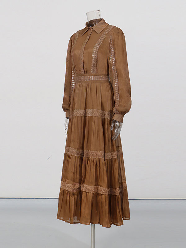 TWOTWINSTYLE Lapel Long Sleeve Spliced Lace Vintage Dress