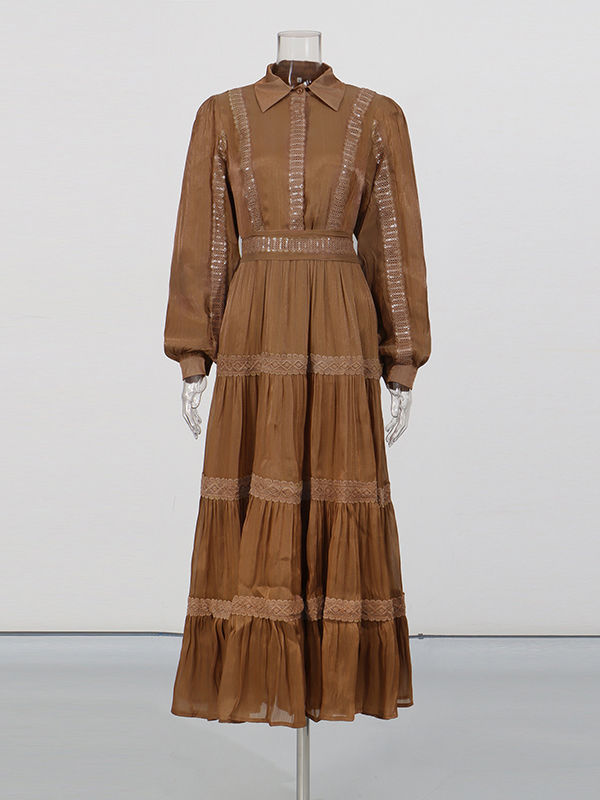 TWOTWINSTYLE Lapel Long Sleeve Spliced Lace Vintage Dress
