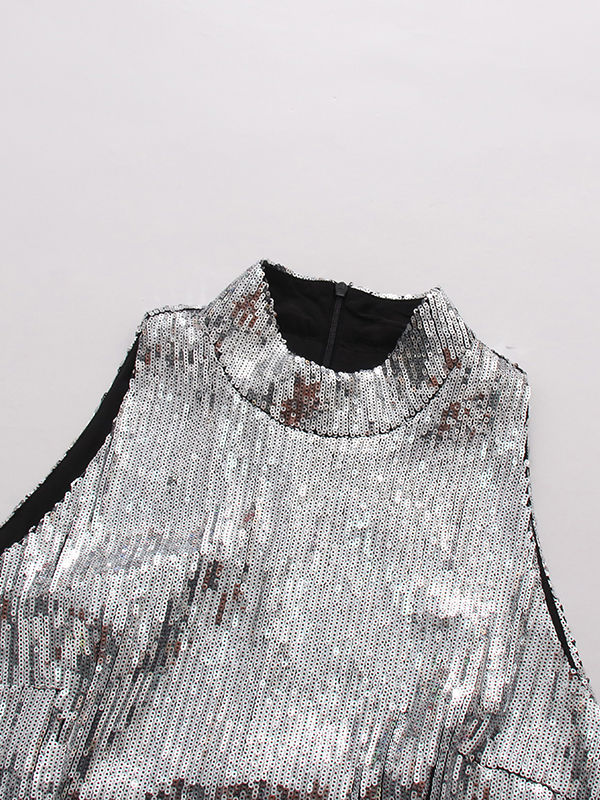 TWOTWINSTYLE Sleeveles Stand Collar Spliced Sequins Designer Dress
