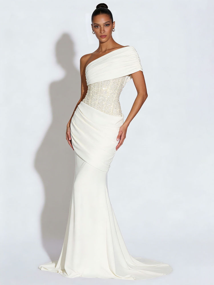 TWOTWINSTYLE Off One Shoulder Spliced Sequins Ruched Elegant Dress