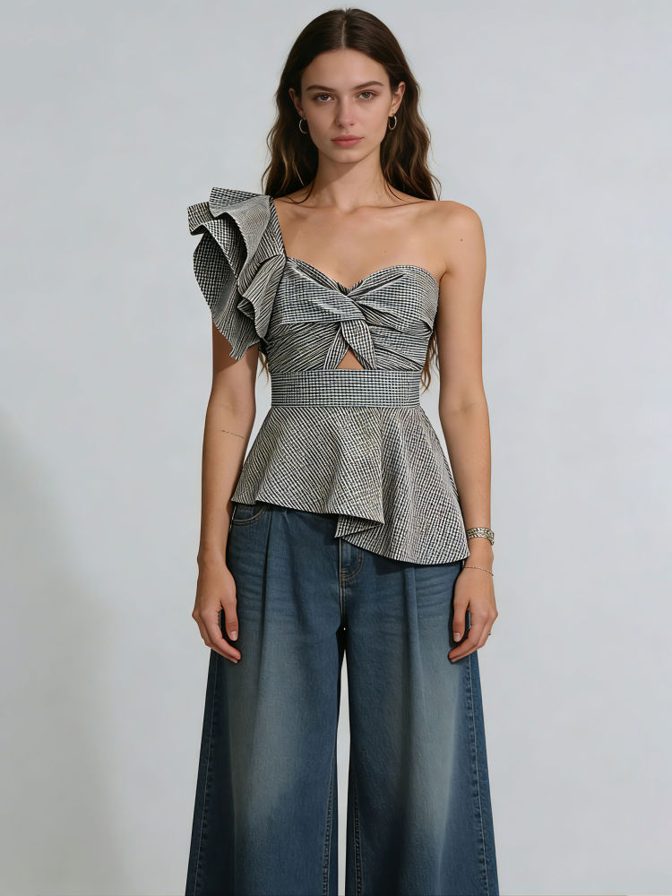 TWOTWINSTYLE Off One Shoulder Tunic Irregular Hem Designer Vest