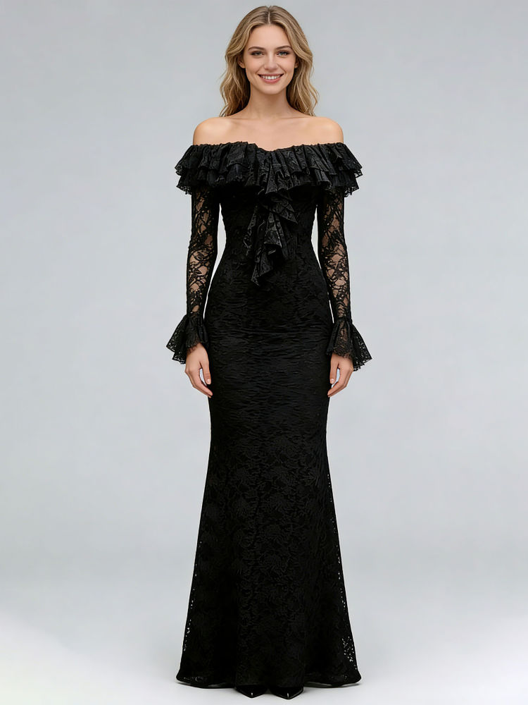 TWOTWINSTYLE Off Shoulder Bell Sleeve Patchwork Ruffles Designer Dress