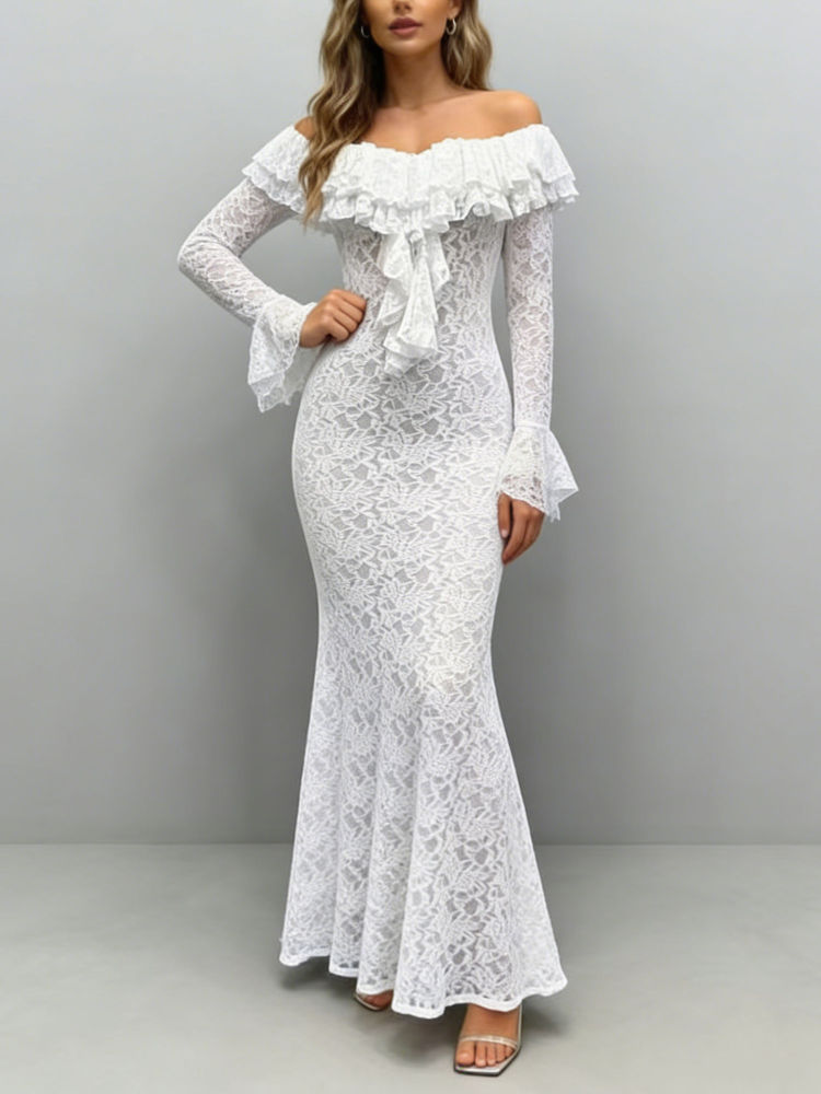 TWOTWINSTYLE Off Shoulder Bell Sleeve Patchwork Ruffles Designer Dress