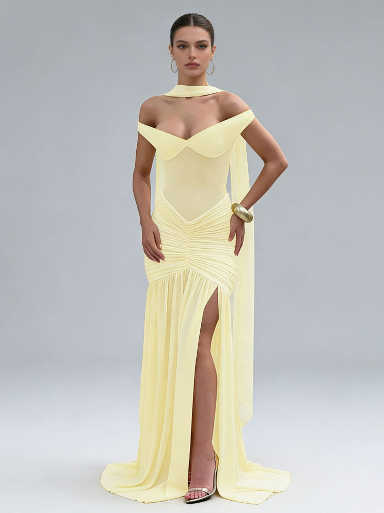 TWOTWINSTYLE Off Shoulder Slimming Side Split Pleated Chic Dress