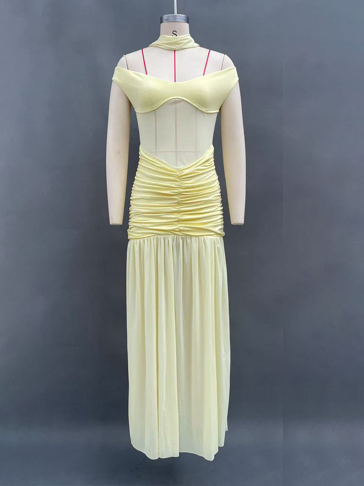 TWOTWINSTYLE Off Shoulder Slimming Side Split Pleated Chic Dress