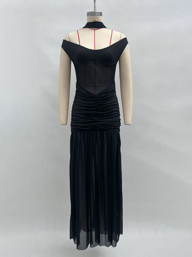 TWOTWINSTYLE Off Shoulder Slimming Side Split Pleated Chic Dress