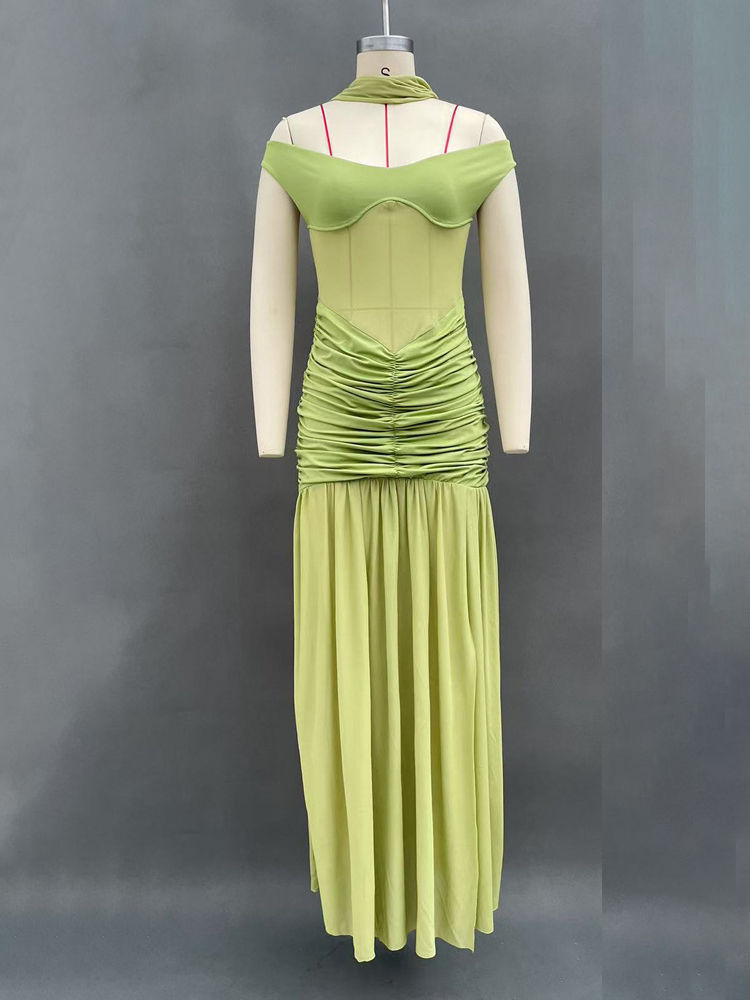 TWOTWINSTYLE Off Shoulder Slimming Side Split Pleated Chic Dress