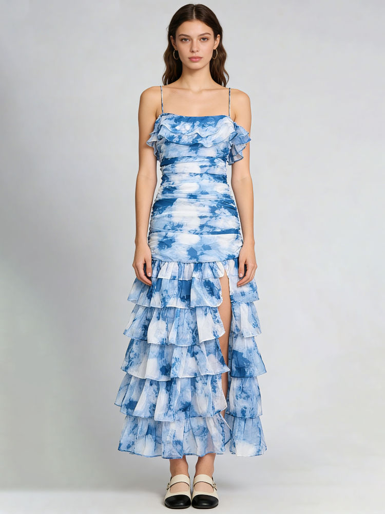 TWOTWINSTYLE Sleeveles Tie Dye Spliced Ruffles Side Split Elegant Dress