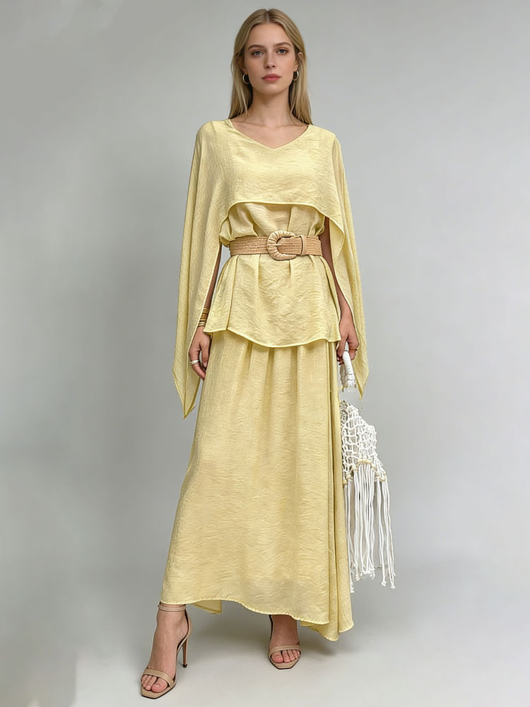 TWOTWINSTYLE V Neck Sleeveles Spliced Belt Top Solid Skirt Elegant Set