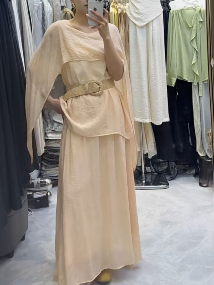 TWOTWINSTYLE V Neck Sleeveles Spliced Belt Top Solid Skirt Elegant Set