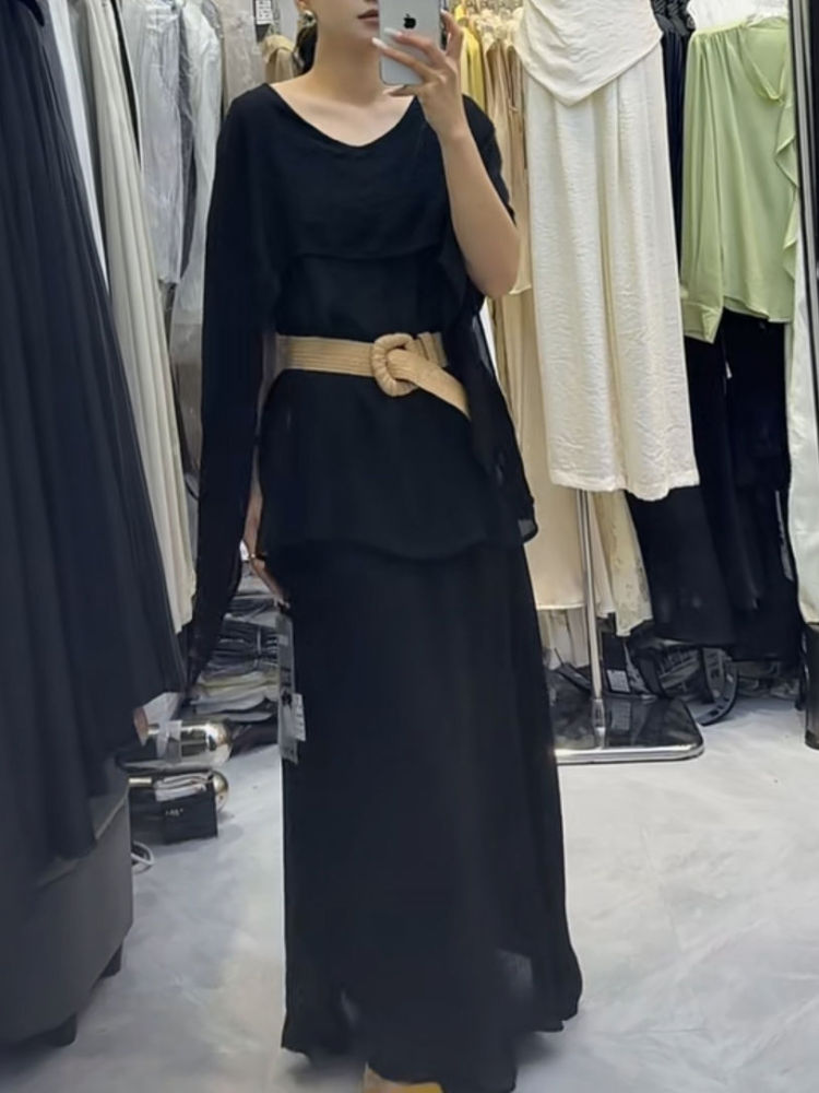 TWOTWINSTYLE V Neck Sleeveles Spliced Belt Top Solid Skirt Elegant Set