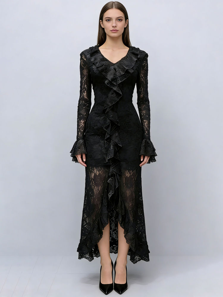 TWOTWINSTYLE V Neck Spliced Ruffles Irregular Hem High Waist Fashion Dress