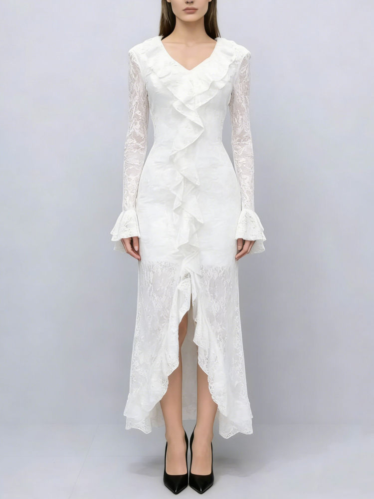TWOTWINSTYLE V Neck Spliced Ruffles Irregular Hem High Waist Fashion Dress