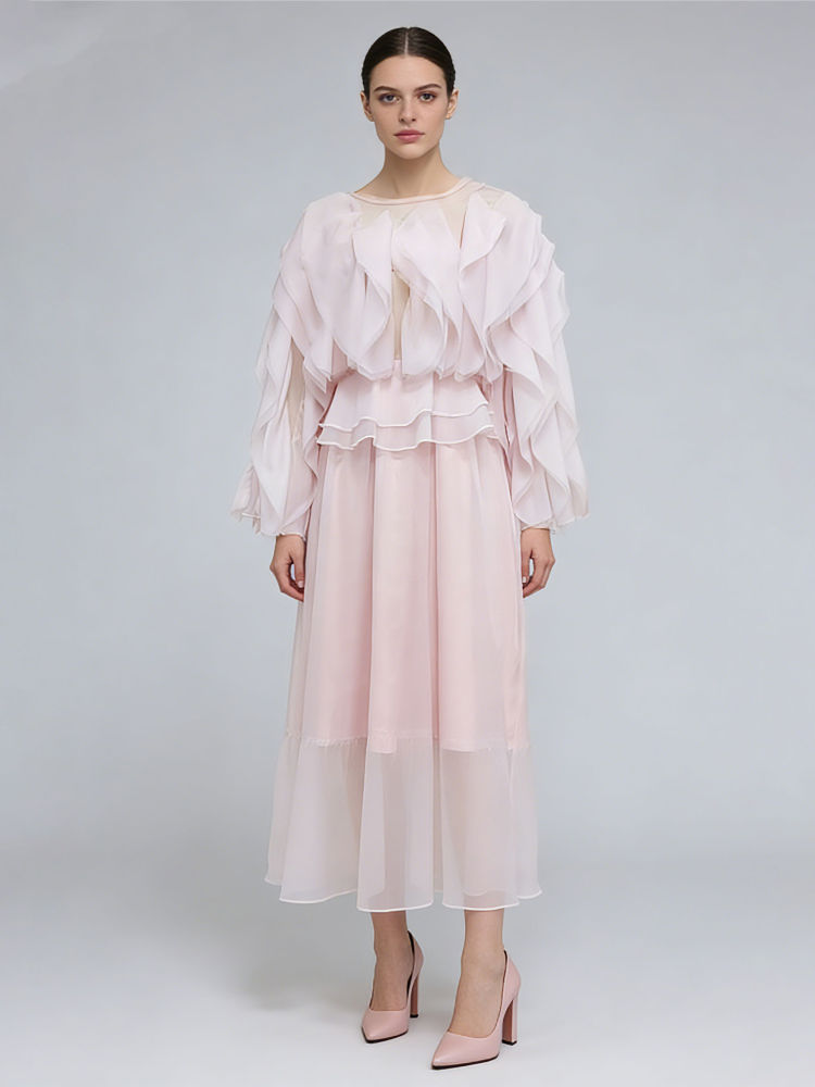 TWOTWINSTYLE Round Neck Patchwork Ruffles Elegant Dress