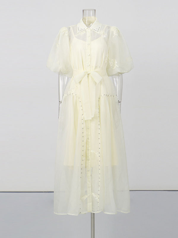 TWOTWINSTYLE Lapel Puff Sleeve High Waist Designer Dress