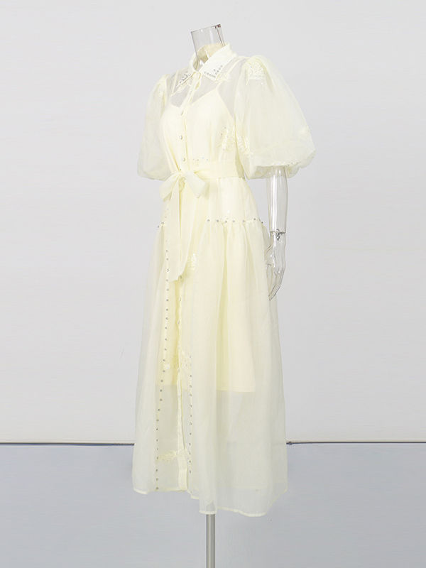 TWOTWINSTYLE Lapel Puff Sleeve High Waist Designer Dress