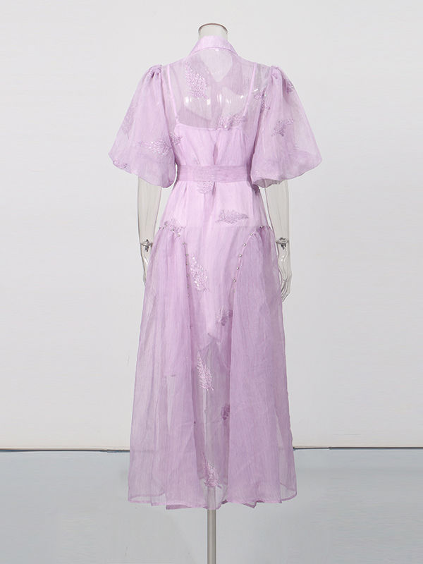 TWOTWINSTYLE Lapel Puff Sleeve High Waist Designer Dress