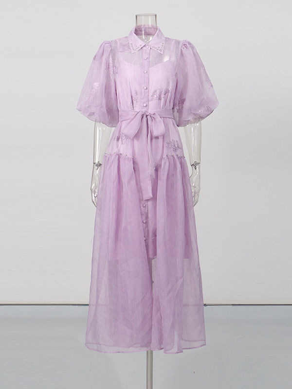 TWOTWINSTYLE Lapel Puff Sleeve High Waist Designer Dress