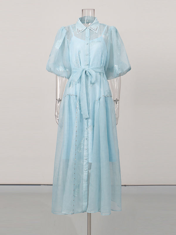 TWOTWINSTYLE Lapel Puff Sleeve High Waist Designer Dress